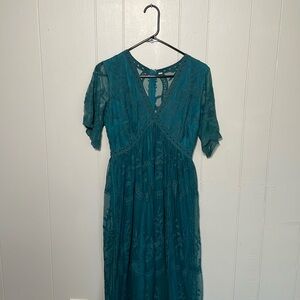 Dark Turquoise Lace Mesh Overlay Maxi Dress